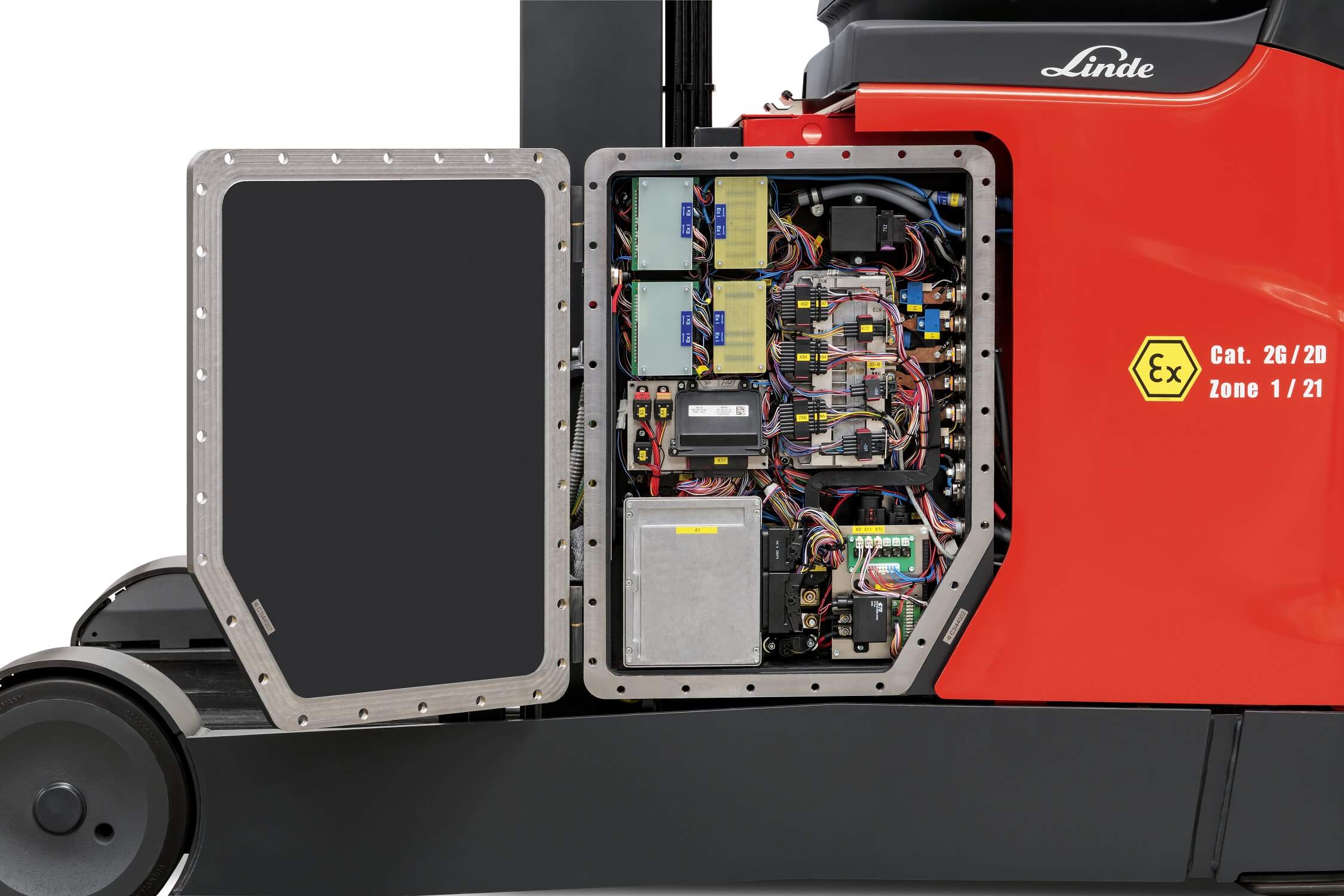 Afgeschermde elektrische en mechanische onderdelen bij explosiebeveiligde Linde heftrucks en magazijntrucks