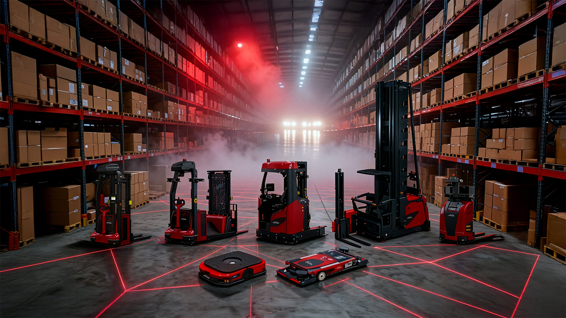 Vloot autonome Linde trucks in een magazijn